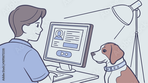 Online Video Conference Person Working from Home with Pet Dog Computer Screen Home Office Illustration.