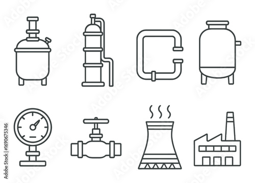 Industrial equipment icons on metallic background featuring factory and machinery symbols