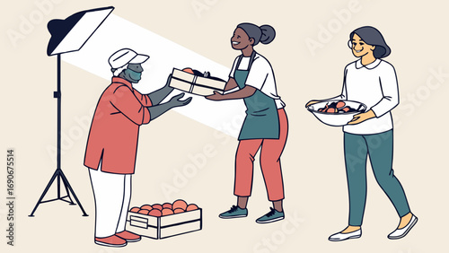 People handing over produce in a studio setting with lighting equipment.