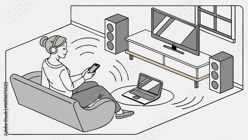 Person relaxing at home listening to music with headphones and using a smartphone and laptop isometric illustration.