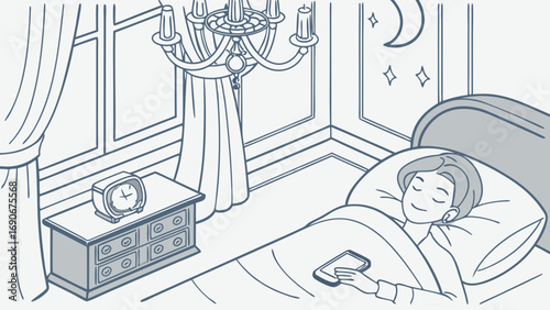 Person sleeping soundly in bed at night with a mobile phone.