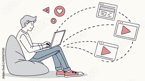 Person using laptop connected to online content social media video streaming internet technology digital media communication web design online marketing content creation work from home comfortable wo.