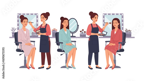 Two professional makeup artists applying makeup to clients in a beauty salon with mirrors and vanity stations