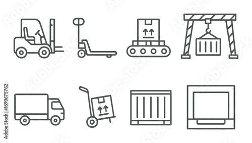 Industrial icons set featuring forklift, pallet jack, conveyor belt, shipping container, delivery truck