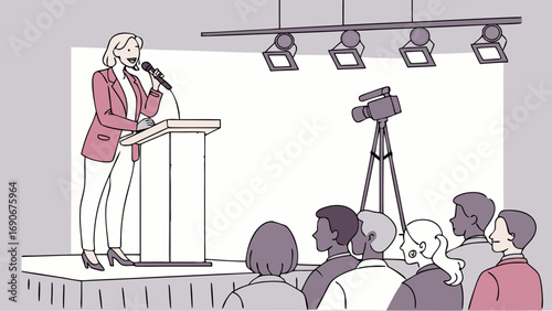 Presentation Speaker at Podium with Audience and Camera Illustration Business Conference Corporate Event Webinar Public Speaking.