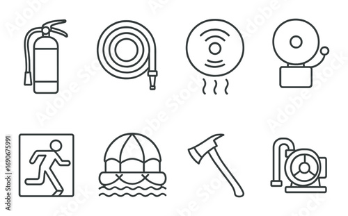 Emergency fire safety icons: extinguisher, hose, alarm, escape symbols