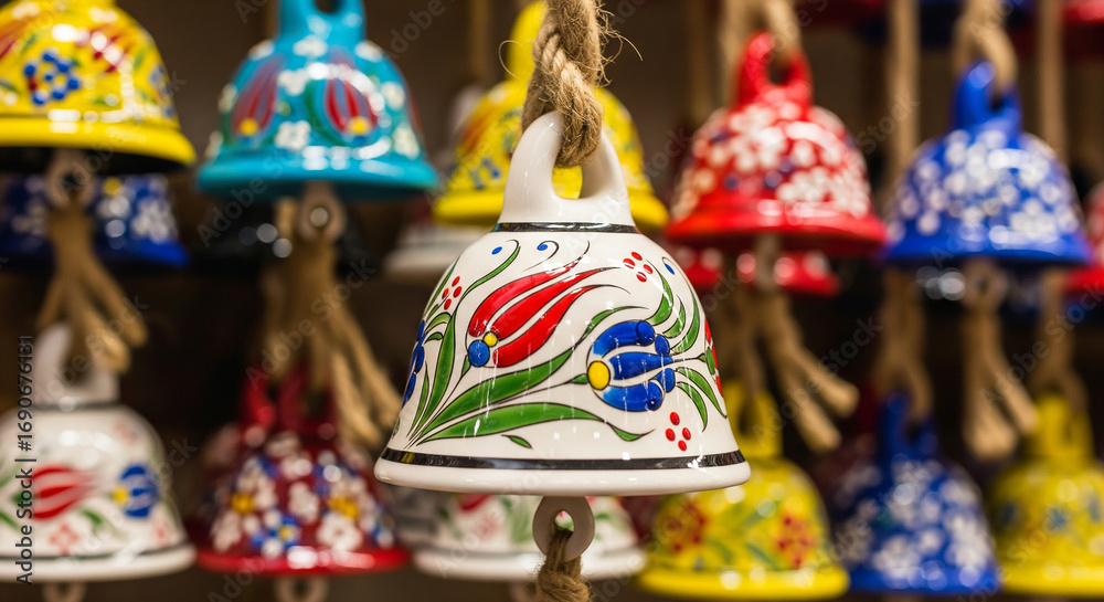 Fototapeta premium Closeup of decorative ceramic bells with tulip design, showcasing turkish craftsmanship and vibrant colors, ideal for cultural gifts and home decor accents