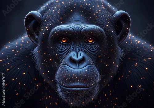 Fototapeta samoprzylepna Closeup portrait of a chimpanzee with glowing starry patterns