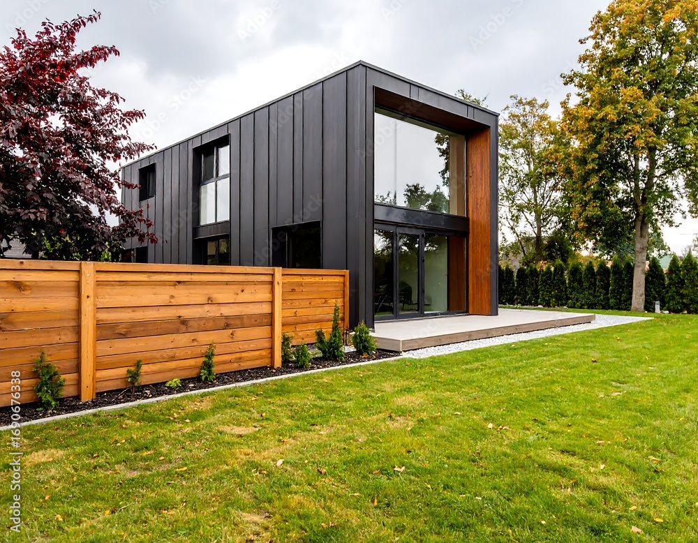 Fototapeta premium Modern house exterior with wooden fence