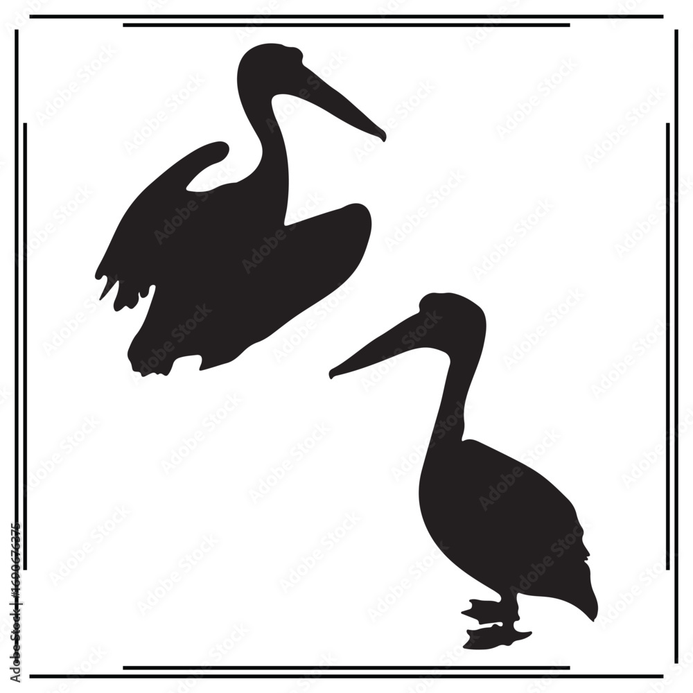 Obraz premium Black Silhouette of Pelicans in Flight and Standing: Vector Icons of Birds for Nature, Wildlife, and Animal Themes