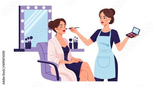 Professional makeup artist applying cosmetics to a seated client in a well lit beauty studio with a vanity mirror