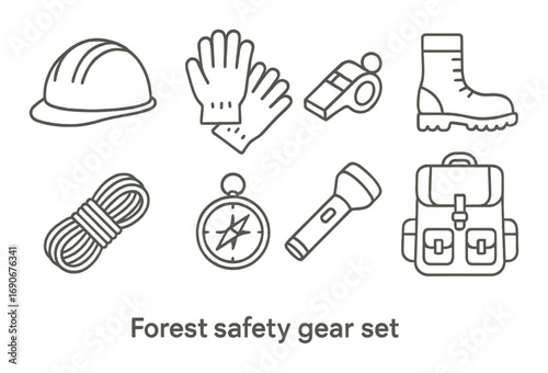 Essential forest safety gear: helmet, gloves, whistle, boots, rope, compass, flashlight, backpack