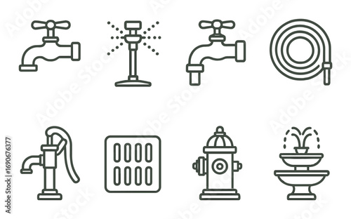 Collection of water system icons featuring faucets and hydrant on grunge background