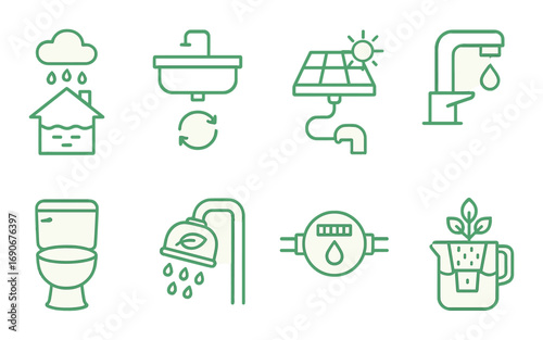 Sustainable water conservation icons: rainwater, solar, recycling, and eco-friendly solutions