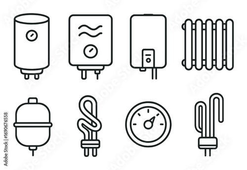 Set of eight heating elements: boilers, radiators, gauges, heaters in black