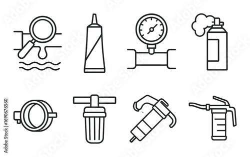 Industrial tools set featuring gauges, filters, lubricants, and clamps on grey background