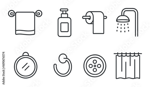 Minimalist bathroom icons: towel, soap, tissue, shower, mirror, hook, drain, curtain