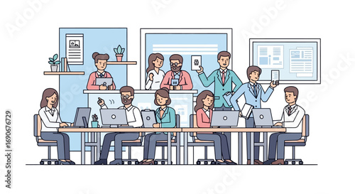 A diverse group of professionals collaborating in a modern office setting, actively engaged with laptops and mobile devices.