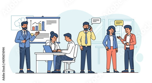 Business meeting scene with people working, presenting, and communicating.