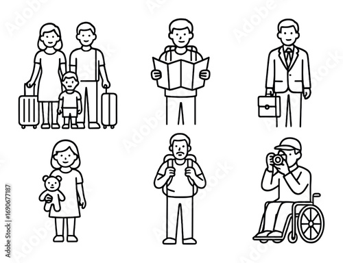 Illustration of diverse travel scenarios featuring adults and children in casual and professional contexts