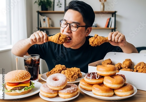 Man eating fried chicken and donuts with a burger and soda