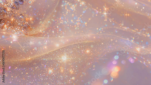 Abstract sparkling mother-of-pearl background with pearls, wavy with bokeh effect and glittering particles