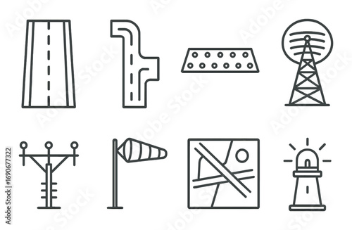 Aviation symbols collection featuring runway, windsock, radar, and control tower icons