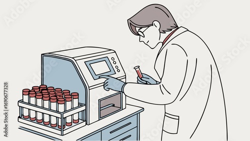 Scientist using laboratory equipment with blood samples.
