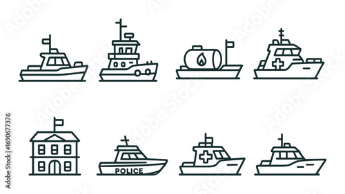 Outlined nautical vessel icons: police, house, ambulance, oil tanker on brown background