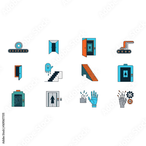 Modern industrial technology and construction elements collection featuring escalators elevators heavy machinery and building components isolated on white
