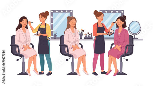Diverse women in a beauty salon receiving professional makeup application from skilled artists in a well lit modern setting