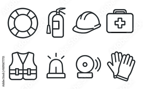 Safety equipment icons: fire extinguisher, helmet, first aid, life vest, gloves, alarm, lifebuoy