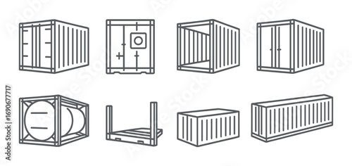 Vector outline of eight industrial shipping containers on black background