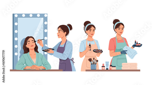 Four panel illustration showing a woman applying makeup in a vanity mirror a makeup artist with products and a woman preparing skincare and beauty treatments
