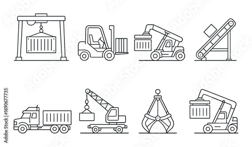 Industrial machinery icons featuring cranes, trucks, forklifts, and conveyor belts