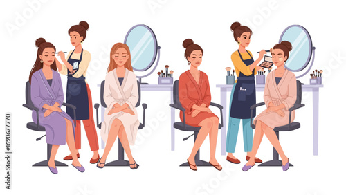 Diverse group of women receiving makeup and hairstyling services in a bright modern beauty salon setting with mirrors and professional equipment