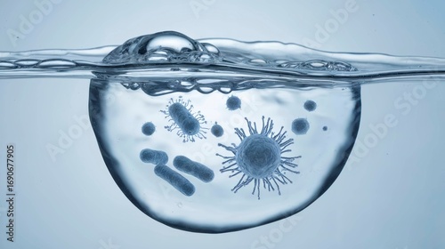 Microscopic view of various bacteria and viruses suspended in a water bubble, illustrating contamination or microbial presence in water.