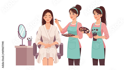 Three women in a beauty salon with one applying makeup to another while a third holds a makeup palette and brushes with a mirror nearby