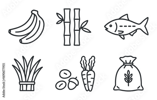 Outline icons of bananas, bamboo, fish, rice, nuts, carrots, and grain sack on dark background