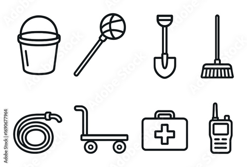 Construction tools set: bucket, shovel, broom, hose, hand truck, first aid kit, walkie-talkie