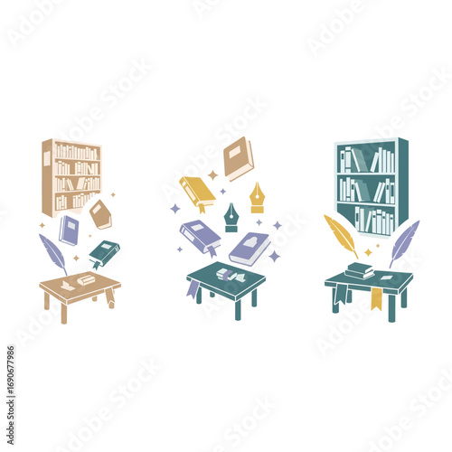 Whimsical watercolor illustration of antique desks shelves and scattered books creating a dreamy literary atmosphere ideal for creative projects