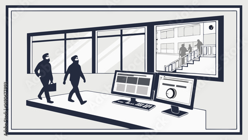 Security System Monitoring Surveillance Technology People Walking Office Interior CCTV Footage Safety and Security Illustration.