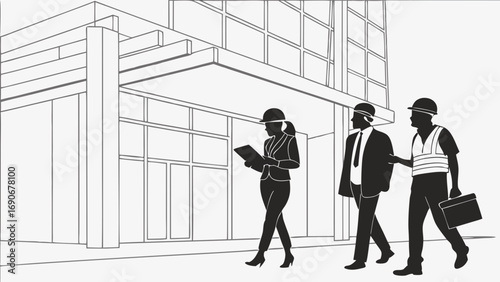 Silhouette of construction professionals walking near a modern building architectural design business meeting.
