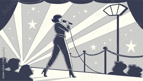 Singer on stage performing live music concert show spotlight microphone audience entertainment performance art retro style illustration vintage design grayscale elegant stylish woman singing music ev.