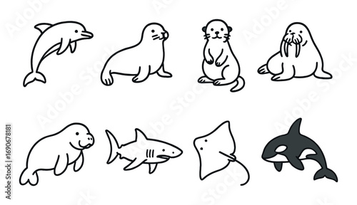 Silhouette of marine animals: dolphin, sea lion, otter, walrus, manatee, shark, ray, orca