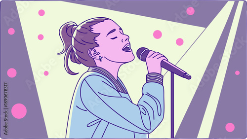 Singing Woman Microphone Performance Stage Illustration Music Concert Girl Artist Female Vocalist Young Singer Pop Music Vocal Entertainment Show Spotlight Retro Style Vector Art Graphic Design Carto.