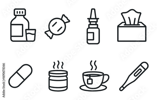Cold relief icons: medicine, thermometer, tea, and more