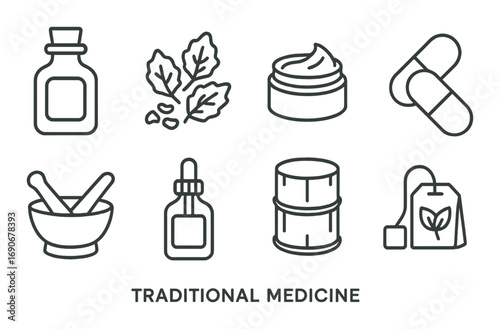 Icons of traditional medicine: herbs, pills, and natural remedies illustrated in gray