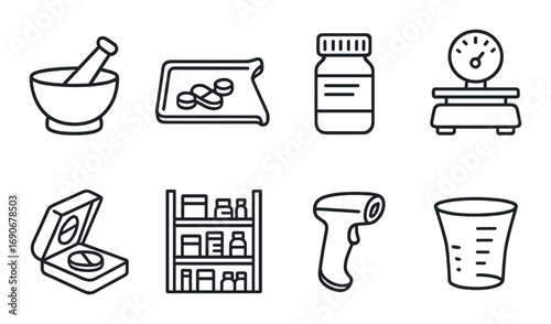 Pharmacy and medicine icons: mortar, pills, bottle, scale, thermometer, beaker