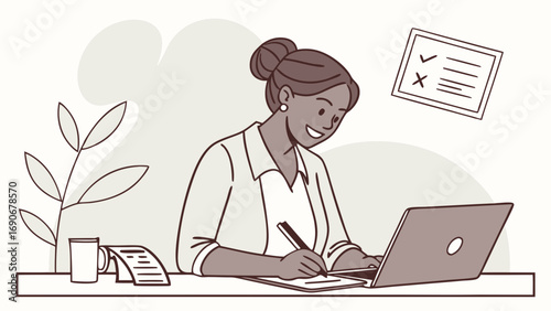 Smiling woman working on laptop taking notes checklist illustration business office productivity freelance remote work home office technology planning design modern minimalist vector graphic illustra.
